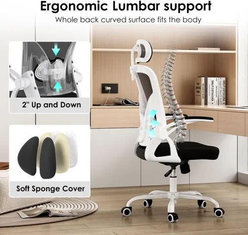 Miniatura 3 de Silla de oficina ergonómica con reposacabezas ajustable y soporte lumbar, silla de escritorio de malla de respaldo alto con reposabrazos abatibles