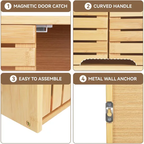 Miniatura 4 de Armario de almacenamiento de bambú montado en la pared para baño con puertas dobles, estante ajustable de 2 niveles, organizador sobre inodoro