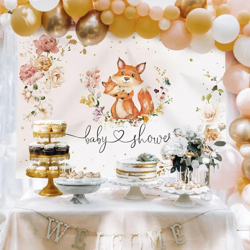 Miniatura 3 de Telón de fondo para baby shower de zorro para niñas, flores de fotografía con texto en inglés "It's a Girl", fondos de fotografía de animales
