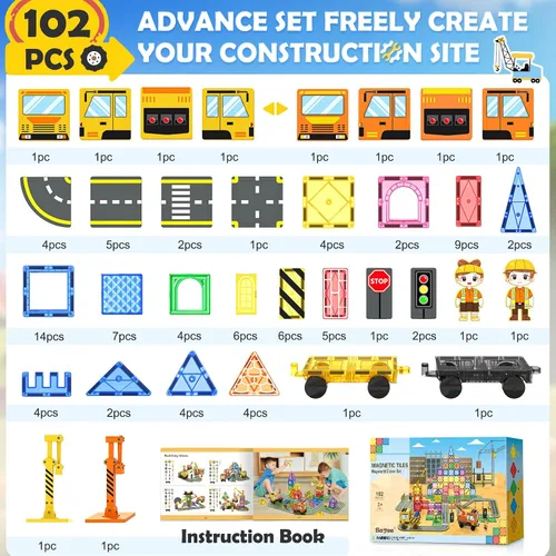 Miniatura 4 de Soyee 102 azulejos magnéticos con 2 autos y 2 grúas imán, construcción de juguetes para niños para juego creativo y aprendizaje STEM para niños