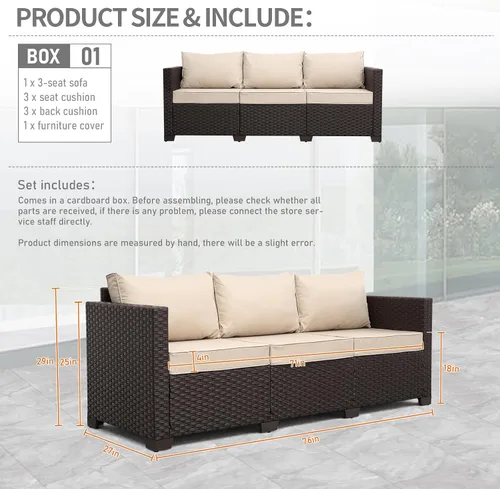 Miniatura 2 de Rattan Star Muebles de exterior, sofá de 3 plazas, sofá de mimbre marrón para exteriores, asiento profundo, respaldo alto, sofá de patio con cojines