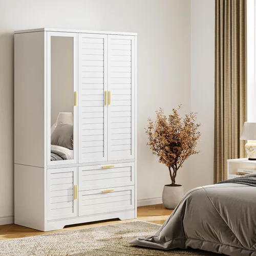 Miniatura 7 de Armario Armario con espejo – Armario de almacenamiento de ropa de madera de 71 pulgadas, Armario con puertas y 2 cajones, Armarios independientes