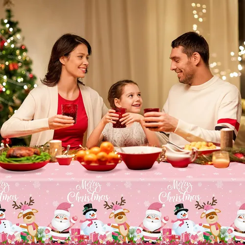 Miniatura 7 de Tiamon Mantel de Navidad rosa de 60 x 84 pulgadas para mesa rectangular, tela lavable a prueba de agua, cubierta de muñeco de nieve y Papá Noel