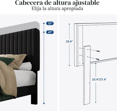 Miniatura 6 de Allewie Base de cama tamaño Queen, plataforma tapizada de terciopelo con cabecera capitonada de canal vertical, base de colchón con listones de Negro