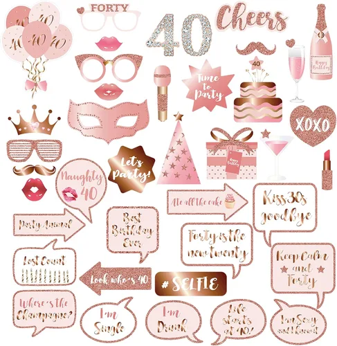 Accesorios y letreros para cabina de fotos de fiesta de cumpleaños número 40, color oro rosa 40, kit de accesorios para selfies con palos para niñas