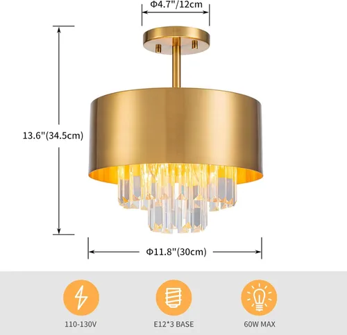 Miniatura 2 de LumFurn Lámpara de techo de cristal K9 de lujo de 3 luces para sala de estar, vestíbulo, dormitorio, lámpara semiempotrada cerca del techo, pantalla