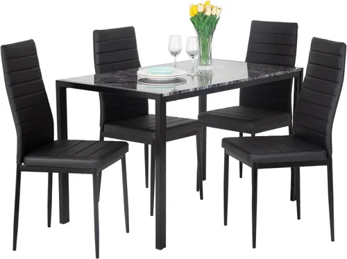 Juego de mesa y sillas de comedor PayLessHere, moderna mesa rectangular de mármol con tapa y 4 sillas de cuero PU para comedor y cocina, mármol negro