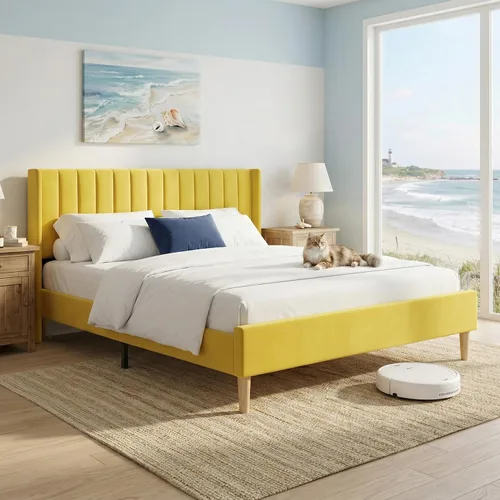 Miniatura 44 de Base de cama Queen con cabecero, base de cama de plataforma con respaldo de terciopelo vertical copetudo, soporte de listones de madera, no necesita
