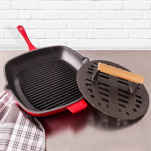 Miniatura 2 de BergHOFF Cast Iron2Piece Grill Set - Prensa para parrilla y prensa para carne, rojo