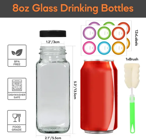 Miniatura 2 de STARSIDE - Botellas de vidrio para jugo de 8 onzas con tapas, paquete de 12 - Frascos reutilizables cuadrados para exprimir, leche, kombucha