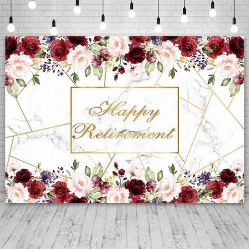 Miniatura 2 de AIBIIN Telón de fondo de feliz jubilación de 7 x 5 pies, mármol rojo y blanco, oro rosa, flores rojas, fondo de fotografía de mujeres ancianas