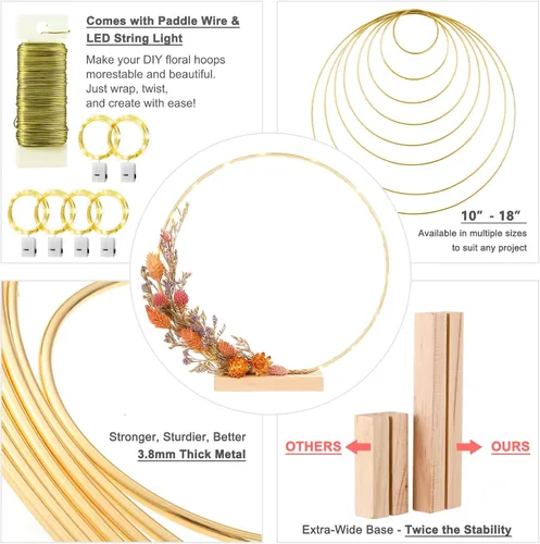 Miniatura 3 de Paquete de 12 aros florales con soporte y luces LED de hadas de 10 pulgadas, anillos de metal para centros de mesa de bricolaje, decoraciones