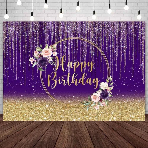AIBIIN Telón de fondo de cumpleaños dorado morado de 8 x 6 pies para mujer, fondo de fotografía de feliz cumpleaños, purpurina dorada, decoración de