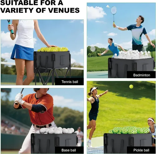 Miniatura 8 de Tolva de pelota de tenis para 120 pelotas, cesta de pelota de tenis con bolsa de almacenamiento extraíble, carrito de pelota de tenis con ruedas