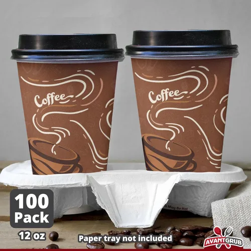 Miniatura 6 de Avant Grub Paquete de 100 tazas de café de papel de grado restaurante de 12 onzas con tapas de cúpula reciclables. Vasos desechables duraderos sin