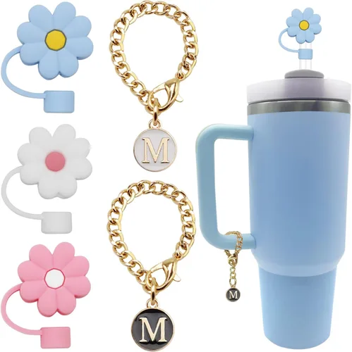Miniatura 10 de ANDERSE Stanley - 3 tapas de popote para accesorios de copa Stanley de silicona con diseño de flores de 0.394 pulgadas, 2 piezas de dije de letra 3