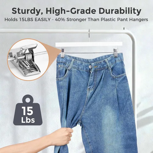 Miniatura 3 de HOUSE DAY Paquete de 25 perchas de madera de alta calidad para pantalones, perchas de falda de madera de loto maciza con 2 clips ajustables, Blanco