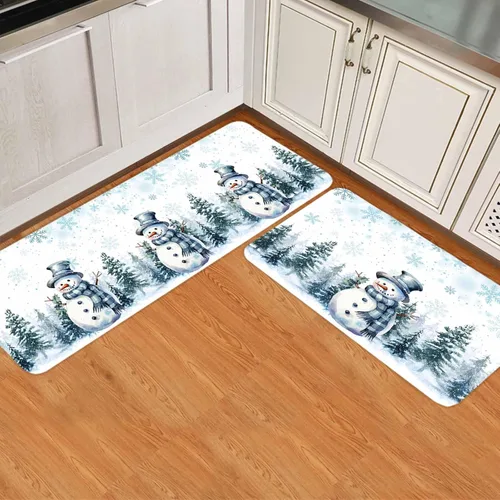 Miniatura 8 de Juego de 2 tapetes de cocina de Navidad con diseño de muñeco de nieve azul, antideslizantes, para entrada, árbol de Navidad, copos de nieve, tapete