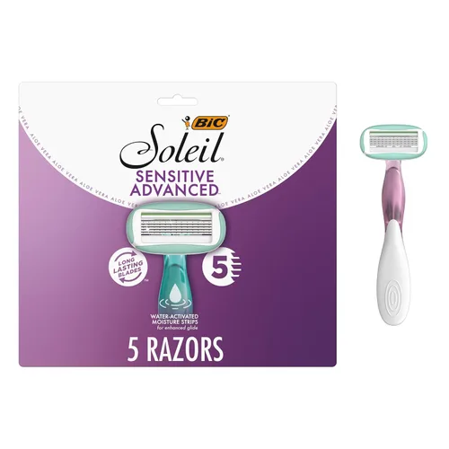 Miniatura 10 de BIC Soleil 5 Sensitive Desechables para Mujeres con Navajas de 5 Cuchillas, Tiras Hidratantes de 360 Grados, Agarre Antideslizante, Paquete de 2