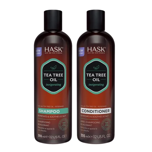 HASK Juego de champú vigorizante de aceite de árbol de té y romero + acondicionador | Refresca el cuero cabelludo, calma, sin sulfatos, sin