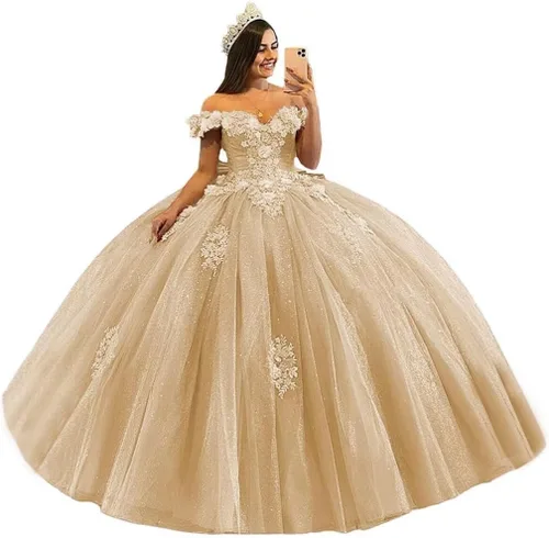 Youjiayi Vestidos de quinceañera florales 3D con lazo fuera del hombro con cuentas dulces 16 vestidos de encaje hinchado apliques vestido de bola