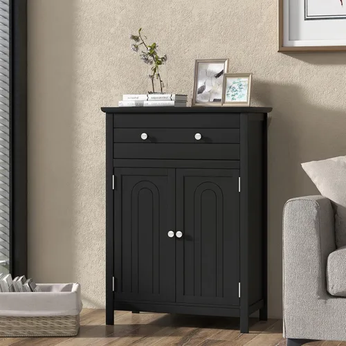 Miniatura 5 de Tangkula Armario de piso de baño, gabinete de almacenamiento de madera independiente con cajón grande y 2 puertas, estante ajustable de 3 alturas