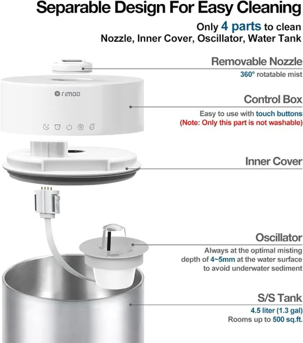 Miniatura 3 de Humidificador de acero inoxidable, humidificador fácil de limpiar de 4.5 litros con tanque de acero inoxidable 304, humidificadores de niebla fría