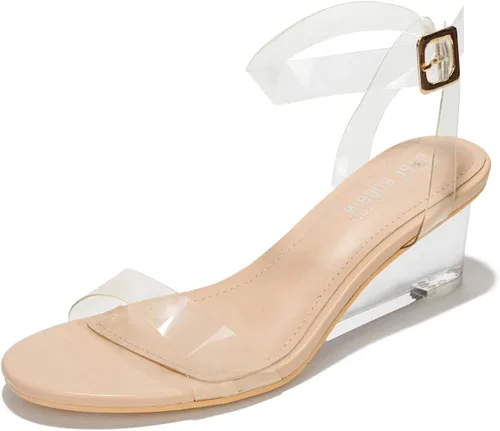 Cape Robbin Nerina - Tacones de cuña baja transparentes para mujer, zapatos de tacón abierto con tiras transparentes para mujer