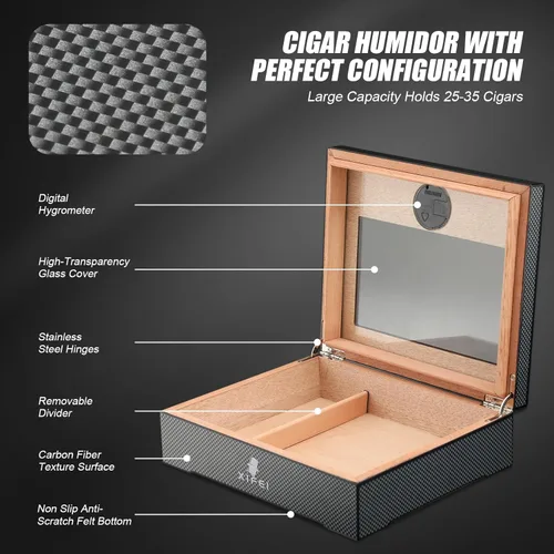 Miniatura 4 de XIFEI Humidor de puros, textura de fibra de carbono superior de vidrio con higrómetro digital, incluyendo humidificador de puros, divisor, caja