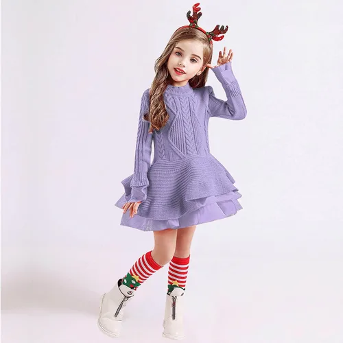 Miniatura 4 de Suéter de Navidad de ganchillo de invierno para niñas pequeñas, vestido de punto y banda para el cabello (morado, 2-3 años)