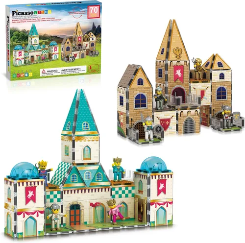 PicassoTiles 70 piezas Edad Media Medieval y Tema de Castillo 2 en 1 8 Figuras de Acción de Personajes Imantados Ladrillos de Construcción Medieval