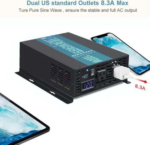 Miniatura 3 de WZRELB Inversor de corriente de onda sinusoidal pura de 1000W 48V 120V con 2 salidas de CA, inversor de coche