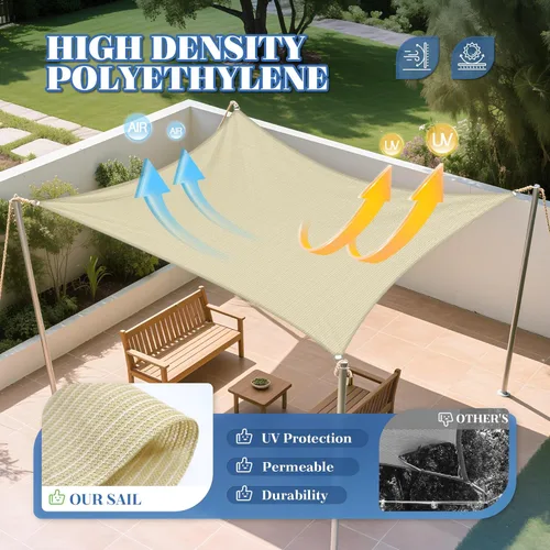 Miniatura 3 de ECOOPTS Vela de Sombra Solar HDPE de 8'x8' Toldo Rectangular para Sombra de Patio Exterior Cubierta de Pérgola Bloquea 95% UV Resistente (Beige)
