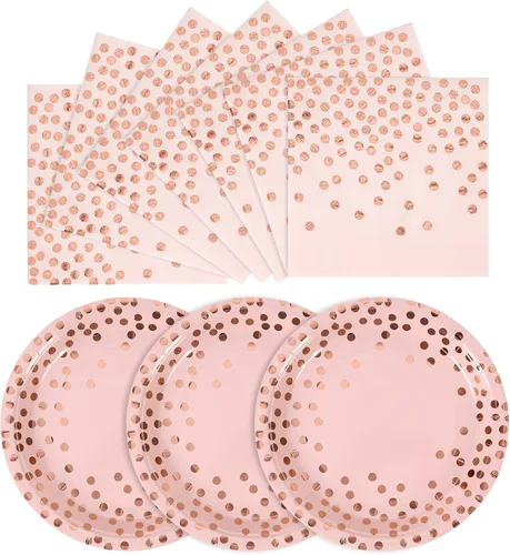 Miniatura 15 de Juego de platos y servilletas de papel rosa y oro rosa - 200 piezas - 100 platos de papel desechables de 7" y 100 servilletas de 6.5", suministros