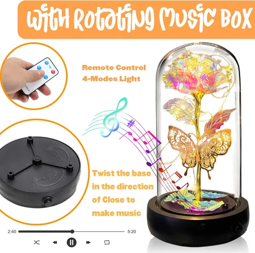 Miniatura 3 de Regalos de rosas de cumpleaños para mujeres y mamá, regalo de rosa de cristal blanco colorido Rainbow Rose in Glass Dome with Music Box, Light Up
