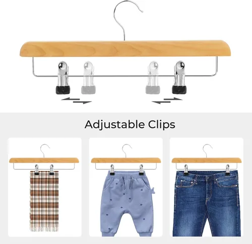 Miniatura 3 de SONGMICS Perchas de Madera para Pantalones, Paquete de 8 Perchas para Pantalones con Clips de Metal Ajustables Antioxidantes, Gancho Giratorio