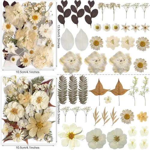 Miniatura 4 de 96 piezas de flores blancas secas y prensadas vintage para manualidades con resina - Juego de flores naturales reales de YouthBro con 50 calcomanías