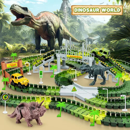 Miniatura 6 de Pistas de dinosaurios, 271 piezas Create A Dinosaur World Road Race para niños, juguetes flexibles de tren con 2 autos de carreras geniales y 2
