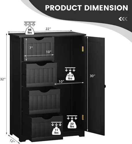 Miniatura 2 de COSTWAY Armario de almacenamiento de baño, organizador de almacenamiento de madera con 4 cajones profundos y estante ajustable, gabinete de piso