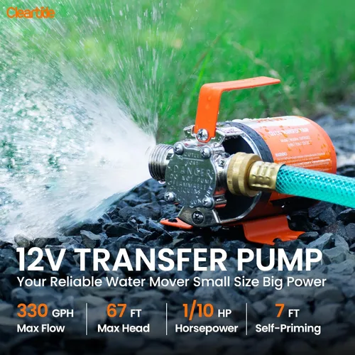 Miniatura 2 de Cleartide Bomba de transferencia de agua de 12 V CC, 1/10 HP 330 GPH Bomba de agua eléctrica con kit de manguera de succión de 6 pies, bomba de agua