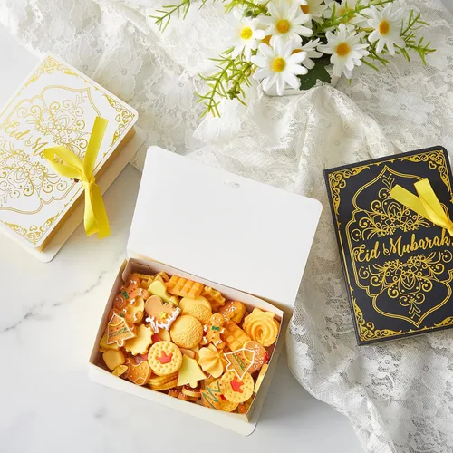Miniatura 6 de Honoson 36 cajas de recuerdo de Ramadán Eid Mubarak de 4.5 x 3 pulgadas, cajas cuadradas de dulces Eid Al Fitr con cinta dorada para suministros