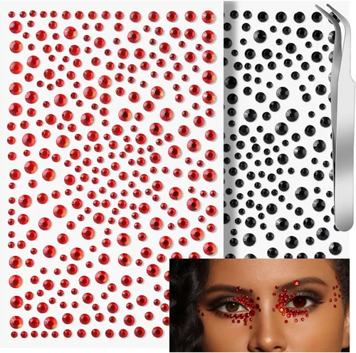 Teenitor Gemas Rojas y Negras para la Cara Diamantes de Imitación Negros para la Cara Maquillaje Festival Joyas para la Cara Rojas Gemas Adhesivas,