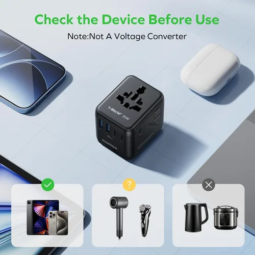 Miniatura 7 de MOMAX Adaptador de viaje universal 7 en 1, adaptador de enchufe de viaje europeo todo en uno con 3 USB-C PD y 2 USB-A QC y 2AC, adaptador de Negro