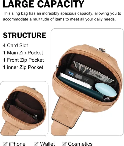 Miniatura 3 de MASINTOR Bolso bandolera pequeño para mujeres y hombres, cangurera cruzada de cuero vegano con múltiples compartimentos para uso diario, Camel