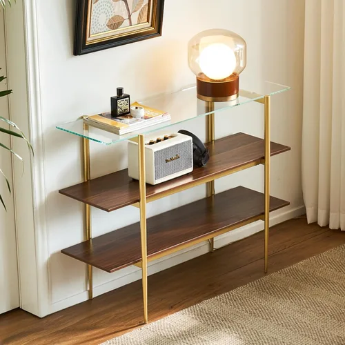 Miniatura 7 de Saint Mossi - Mesa consola marrón de 2 niveles para sala de estar, mesa de entrada estrecha moderna para pasillo, vestíbulo, pasillo, oficina, parte