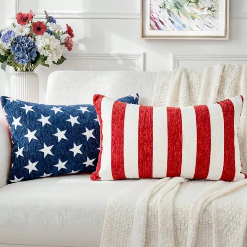 Miniatura 10 de Juego de 2 fundas de almohada patrióticas de felpilla con estrellas geométricas, 18 x 18 pulgadas, decoración americana para el día