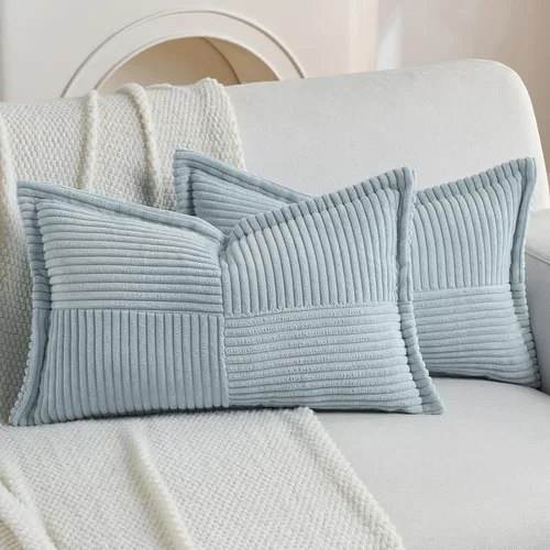 Miniatura 11 de HAUSSY Paquete de 2 fundas de almohada de 22 x 22 pulgadas, fundas decorativas de pana suave, estilo bohemio a rayas sólidas, fundas de cojín
