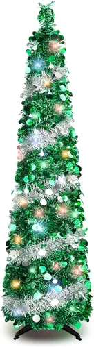 Miniatura 19 de BTU - Árbol de Navidad artificial plegable, 5 pies, 90 luces LED, escarcha, delgado, para el hogar, festividades, chimenea, fiestas, decoración