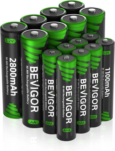 BEVIGOR 16 juegos de pilas recargables AA AAA, alta capacidad 8 paquetes AA 2800mAh y 8 paquetes AAA 1100mAh, pilas de teléfono NiMH de 1.2V de baja