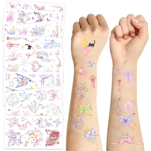 10 hojas de tatuajes temporales de mariposa de dibujos animados para niños, tatuajes temporales, calcomanías de tatuajes temporales, lindos
